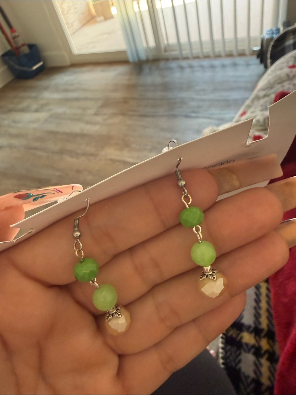 Handmade Green Beaded Drop Earrings - Women Jewelry